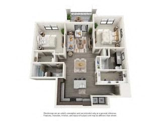 A floor plan of a house with a kitchen, living room, and two bedrooms.